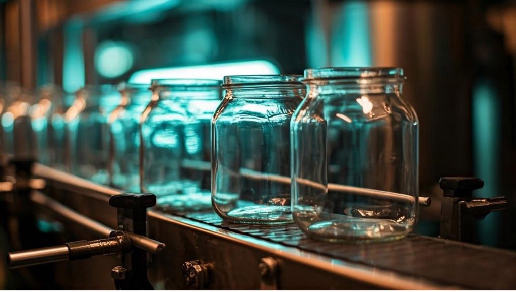 photorealistic, clear, empty, glass jars on a conveyor belt with fun, neon lighting. the scene is fun, but very realistic. the jars are clear and empty