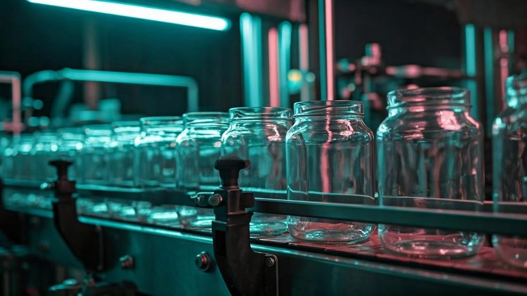 photorealistic, clear, empty, glass jars on a conveyor belt with fun, neon lighting. the scene is fun, but very realistic. the jars are clear and empty